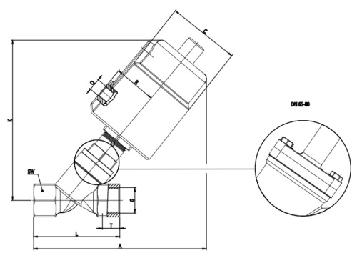 Ventil šikmý s pneupohonem - 2/2 way NC - 1.4404: DN 25                         