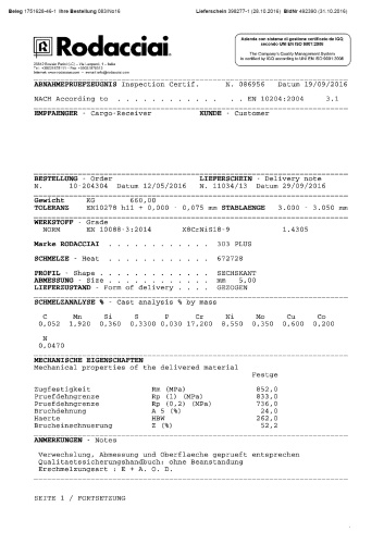 Certifikát EN 10204 3.1 - elektronicky