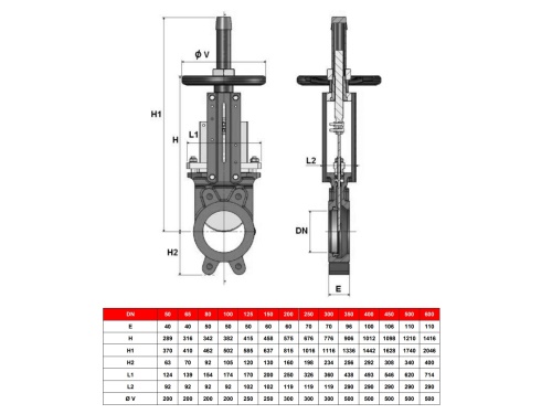 Nožové šoupátko přírubové, nerez tělo, EPDM, PN 10, AISI 304: DN 50