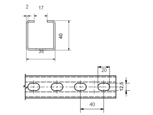 Nerezový nosník, profil C, 1.4301:  38/40: 6000mm