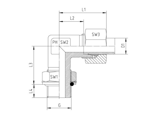 Otočné koleno 90°, FKM, vně BSP / zářezný, PN315: 8 x G 1/4"
