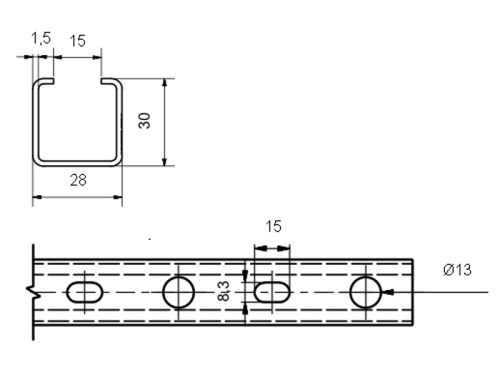 Nerezový nosník, profil C, 1.4301:  28/30: 3000mm