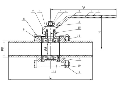 Kohout kulový 3-dílný, přivařovací, dlouhý, PN 63, 1.4408: 1/2"-21,3