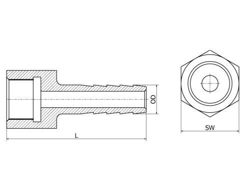 Hadicový nástavec s vnitřním závitem, 1.4408, ISO 228-1G, BSP, 1/4"x6,3mm