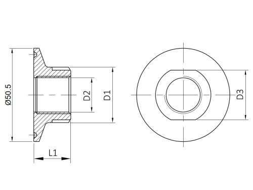Hrdlo CLAMP s vnitřním závitem - 1.4404: 1/2"-50,5mm