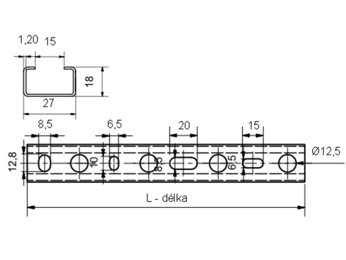 Nerezový nosník, profil C, 1.4301:  27/18: 6000mm