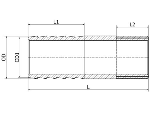 Trubkový hadicový nástavec s vnějším záv., 316L, ISO 7-1R, BSP, 3/8"x70mm