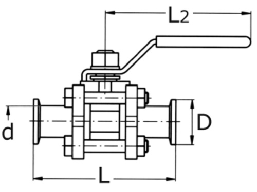 Kohout kulový 3-dílný, CLAMP, PN 63, 1.4408: 3/4" - 25,4mm                      