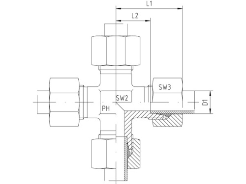 Šroubení křížové, zářezné spoje, řada S, PN315: 38mm