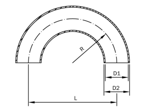 Koleno 180°-DIN 11852-kovově lesklé-1.4307: 104x2 (r=100,0)