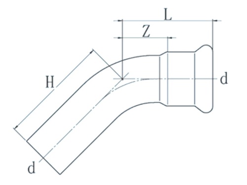 Nerezový oblouk PREX 45° se zásuvným koncem 42 316L