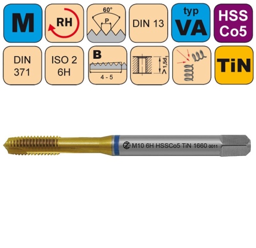 Závitník strojní M4x0,7 ISO2 HSSCo5 TiN DIN 371 B