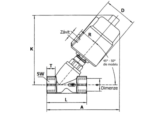 Ventil šikmý s pneupohonem - NC, T63 - 1.4404: 6/4"
