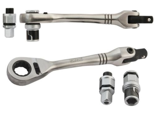 Ráčna mini přepínací s otvorem 10mm + 1/4" čtyřhranem + adaptéry 1/4" NEREZ     