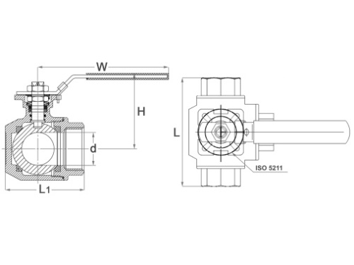 Kohout kulový, 3-cestný, ISO 5211, T-port, 1.4408: 3/4"                         